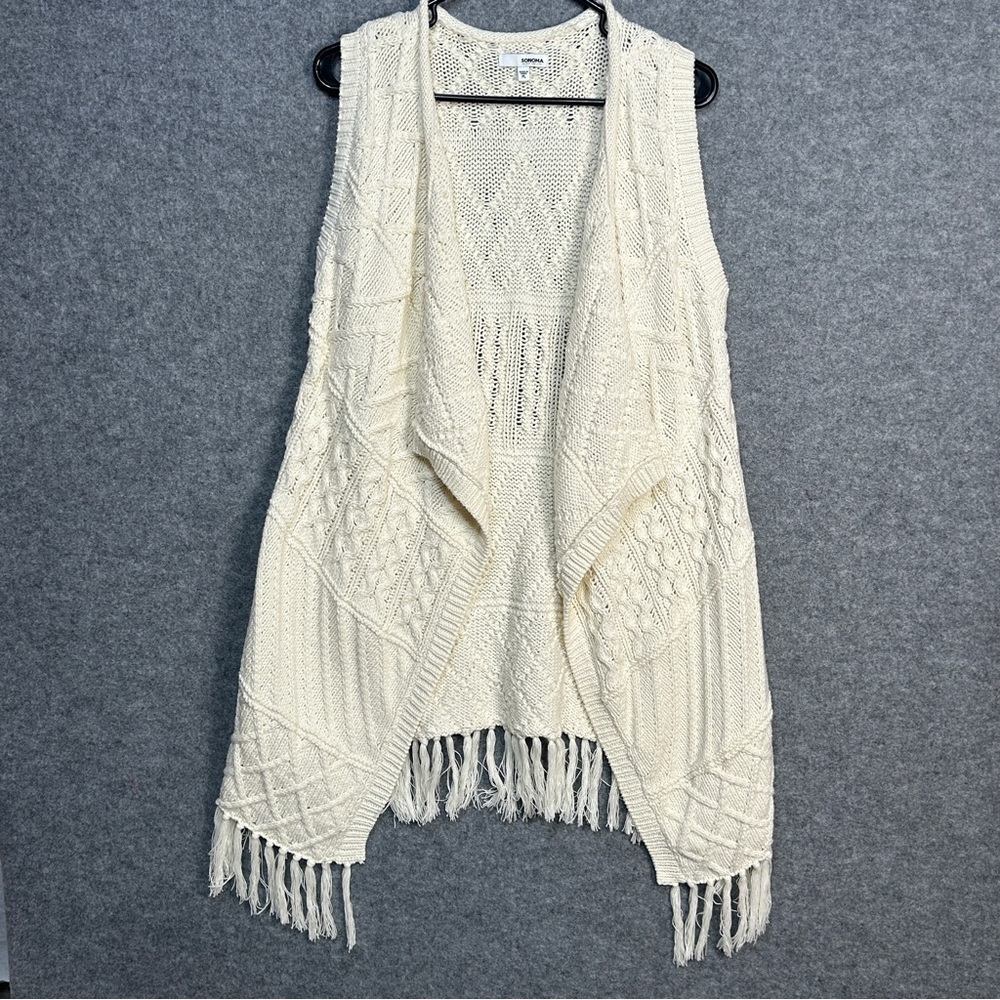 Sonoma Women PL Cream Chunky Knit Fringed Sweater Vest Boho Hippie Indie Western